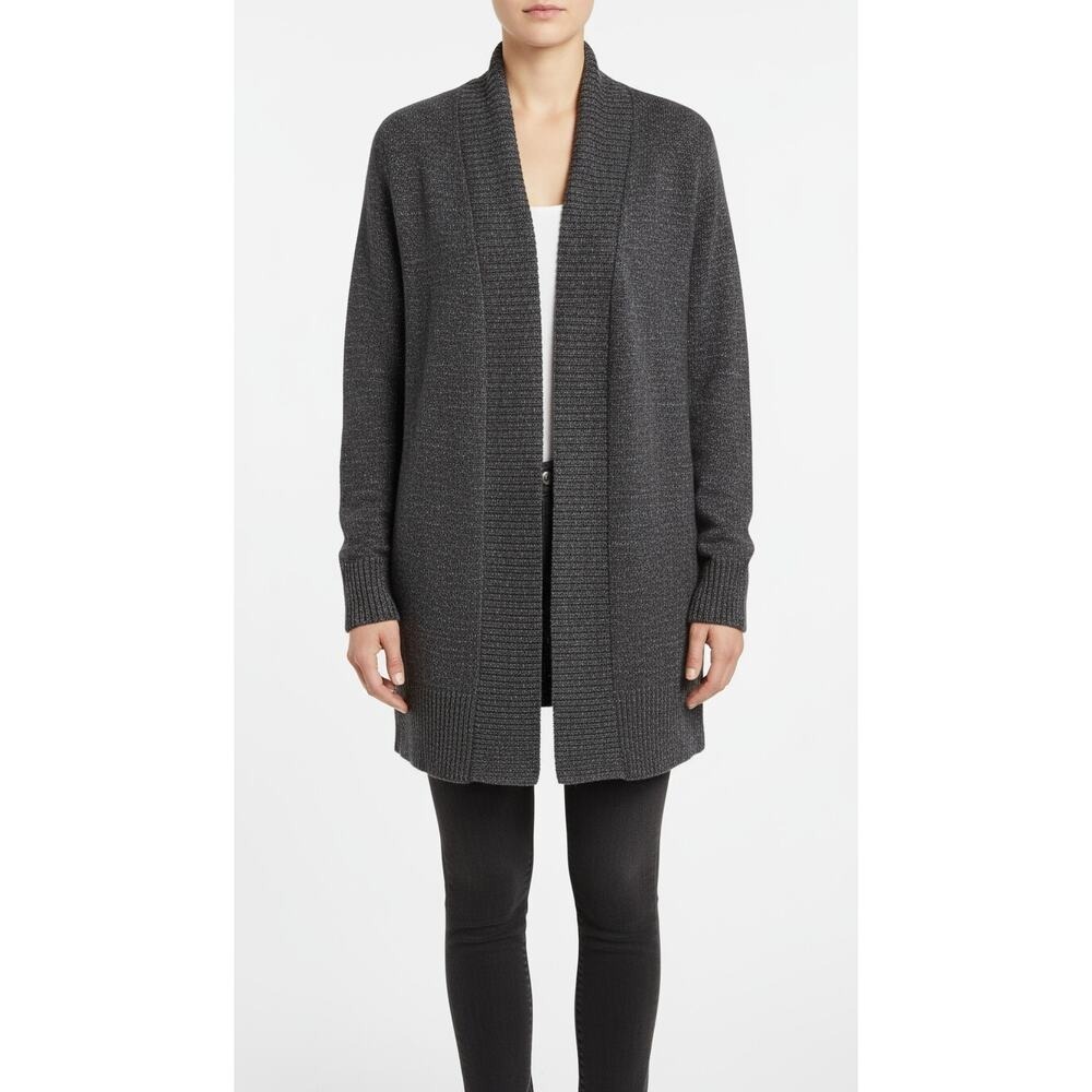 Eileen Fisher Open Front Cardigan With Wide Ribbed Edges, Heather Gray,‎ Sz XL